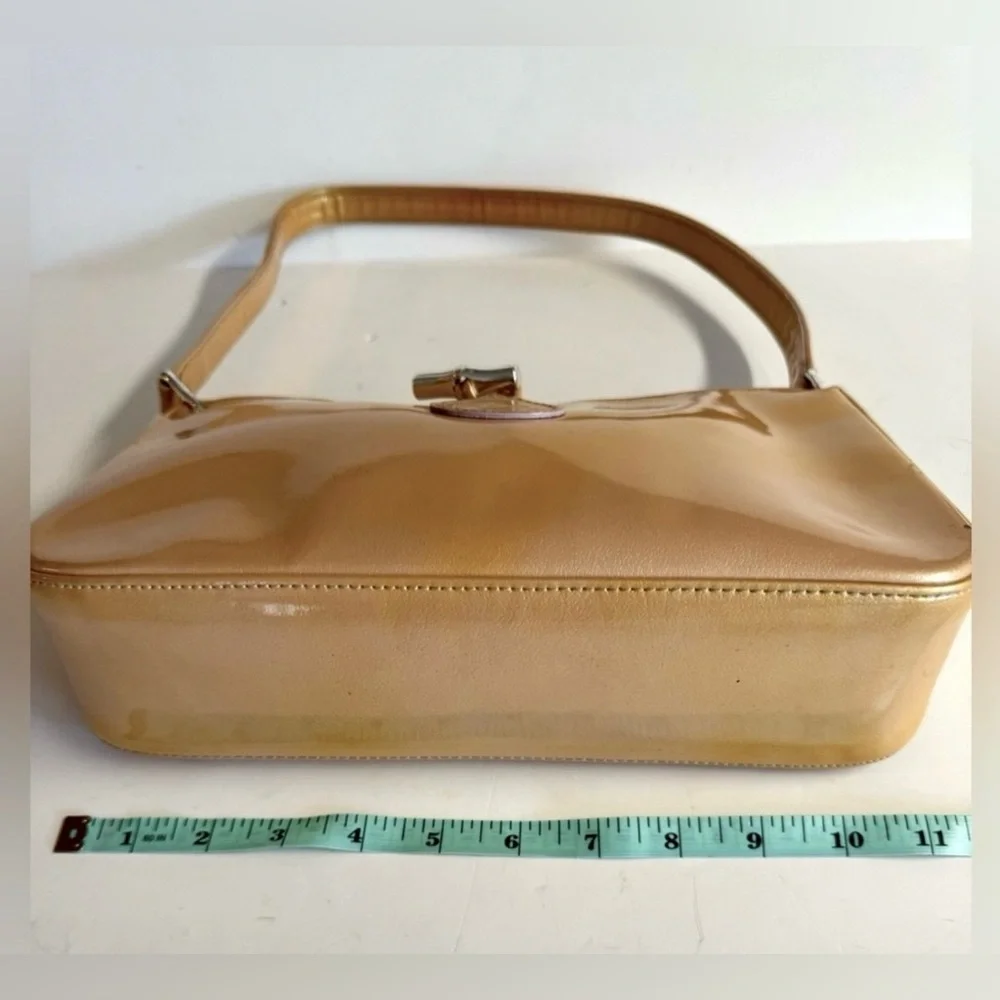 Vtg Longchamp-Classic Sophisticated Gold hued patent leather classic handbag - Picture 7 of 13